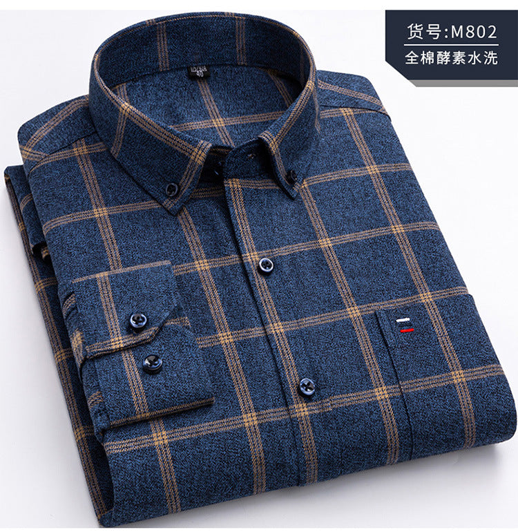 Men's Cotton Plaid Shirt – Long Sleeve, Casual Fit, Available in Plus Sizes