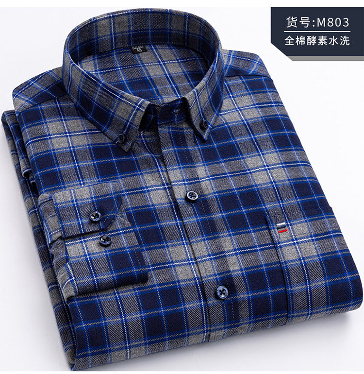 Men's Cotton Plaid Shirt – Long Sleeve, Casual Fit, Available in Plus Sizes