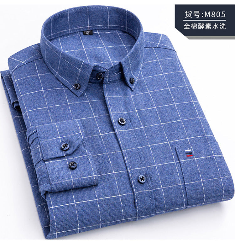 Men's Cotton Plaid Shirt – Long Sleeve, Casual Fit, Available in Plus Sizes