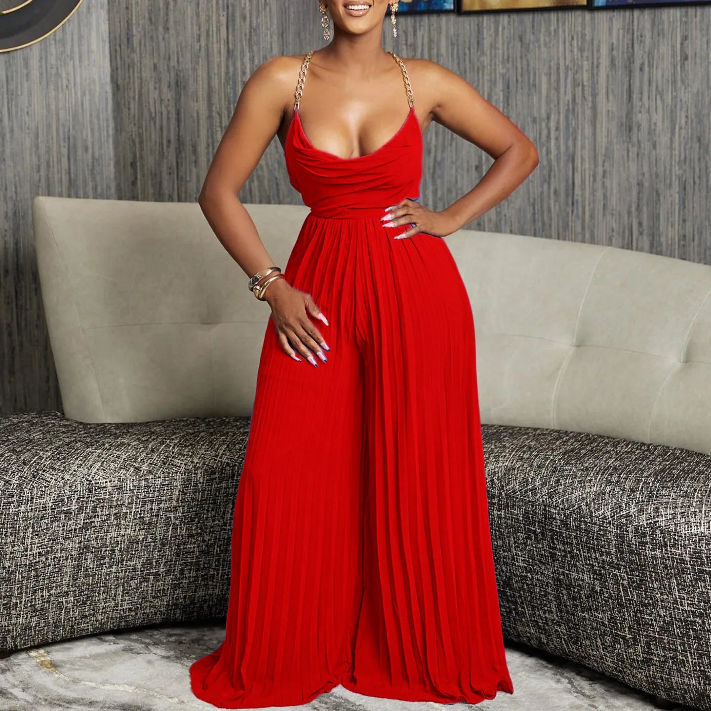 Summer Romper Chain Halter High Waist Open Back Backless Custom logo Sexy Club Wear Pleated Wide Leg Women Jumpsuit for Ladies