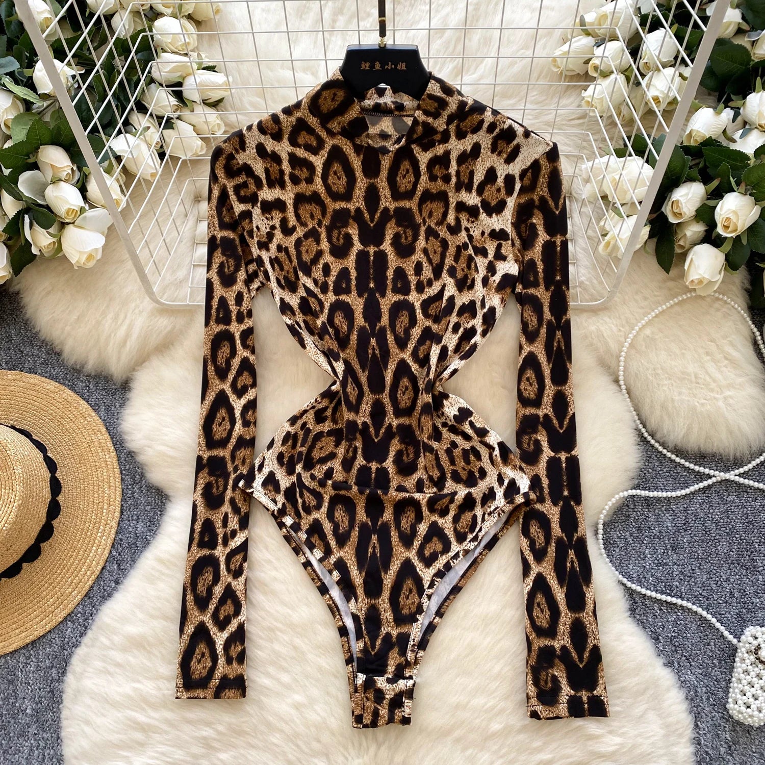 Y2K Turtleneck Slim Jumpsuit for Women High Waist Leopard Printed Lace Bodysuit Ladies Sexy Rompers Wholesale