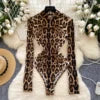 Y2K Turtleneck Slim Jumpsuit for Women High Waist Leopard Printed Lace Bodysuit Ladies Sexy Rompers Wholesale