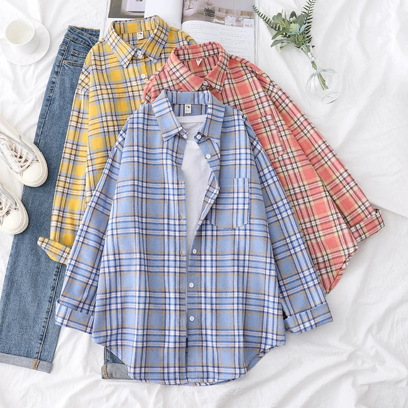 Women's Long Sleeve Checked Blouse