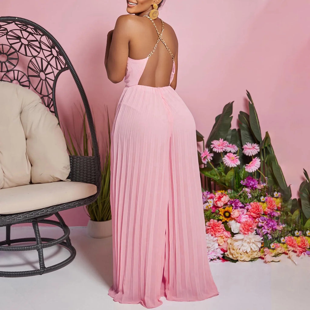 Summer Romper Chain Halter High Waist Open Back Backless Custom logo Sexy Club Wear Pleated Wide Leg Women Jumpsuit for Ladies