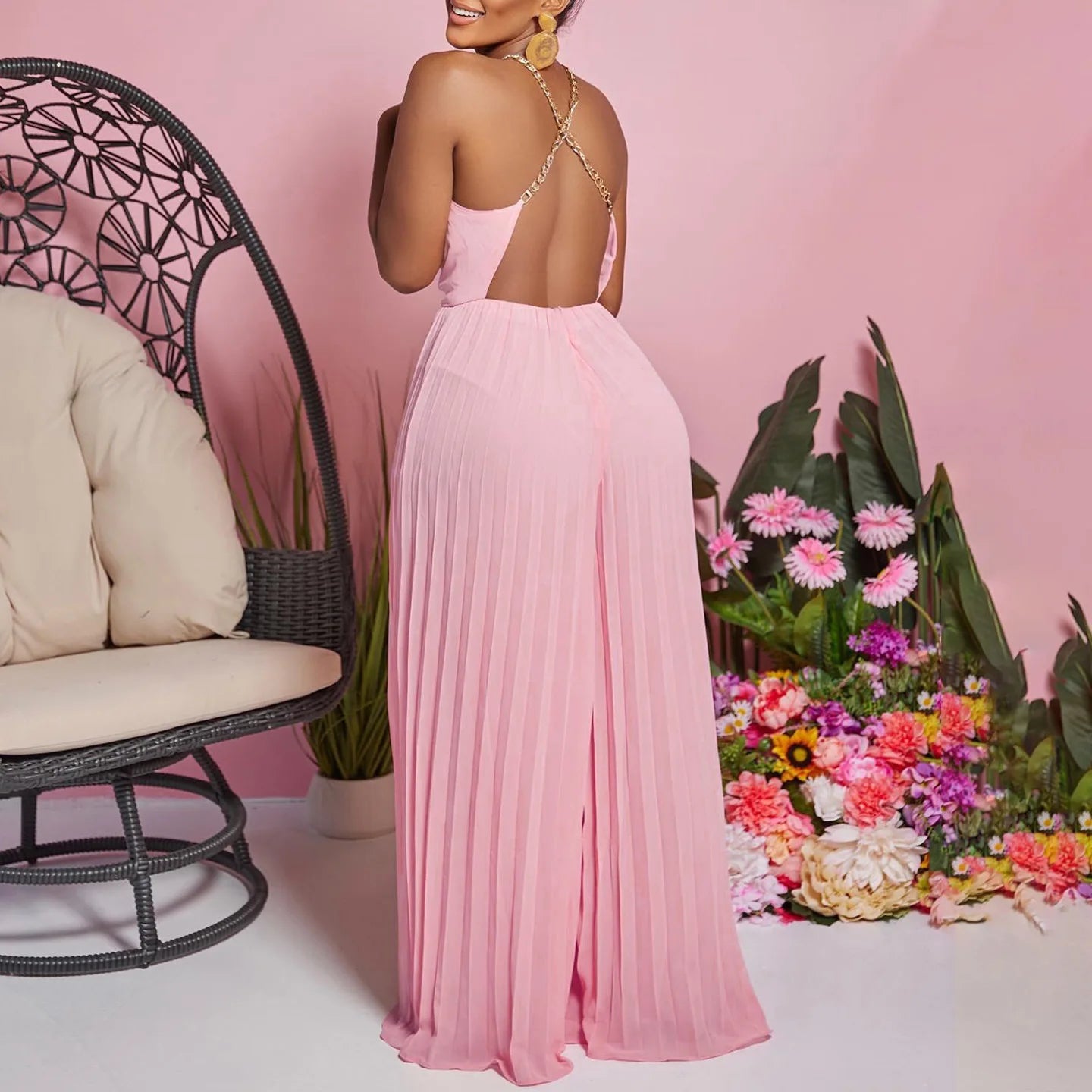 Summer Romper Chain Halter High Waist Open Back Backless Custom logo Sexy Club Wear Pleated Wide Leg Women Jumpsuit for Ladies