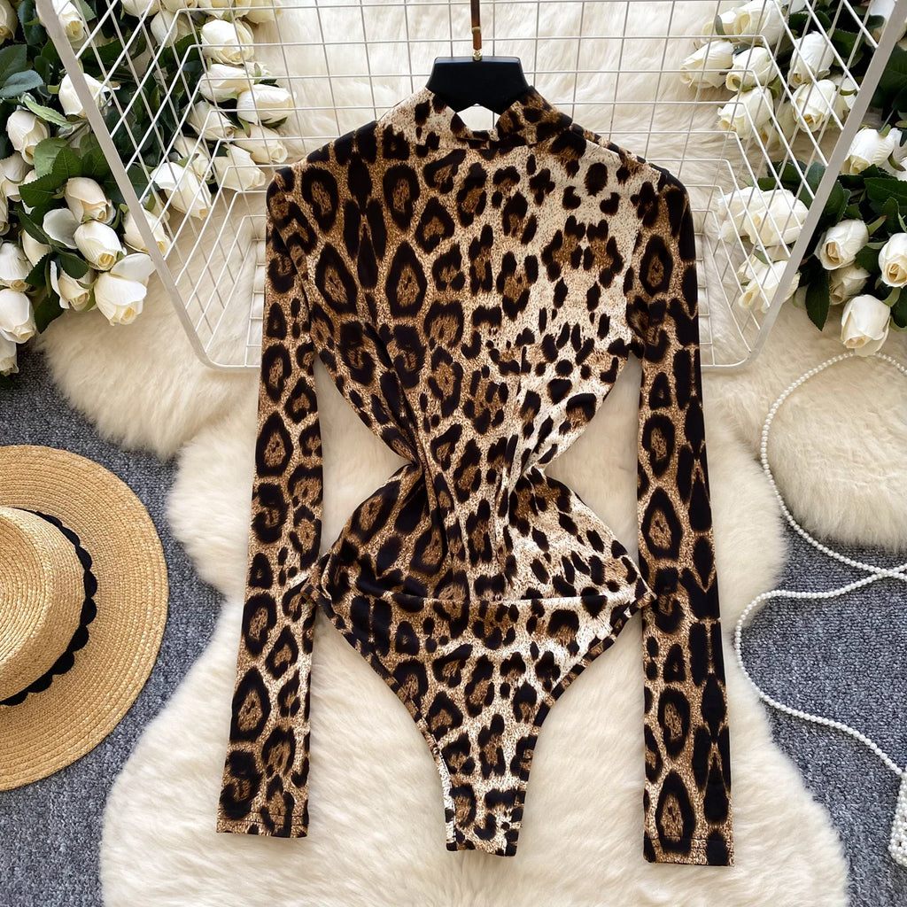 Y2K Turtleneck Slim Jumpsuit for Women High Waist Leopard Printed Lace Bodysuit Ladies Sexy Rompers Wholesale