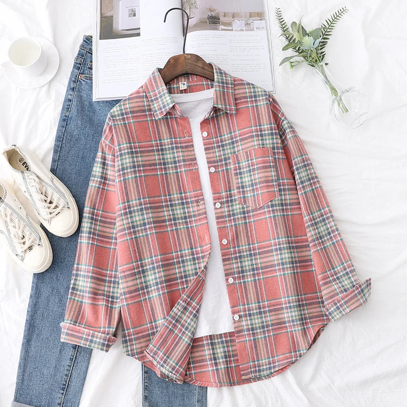 Women's Long Sleeve Checked Blouse