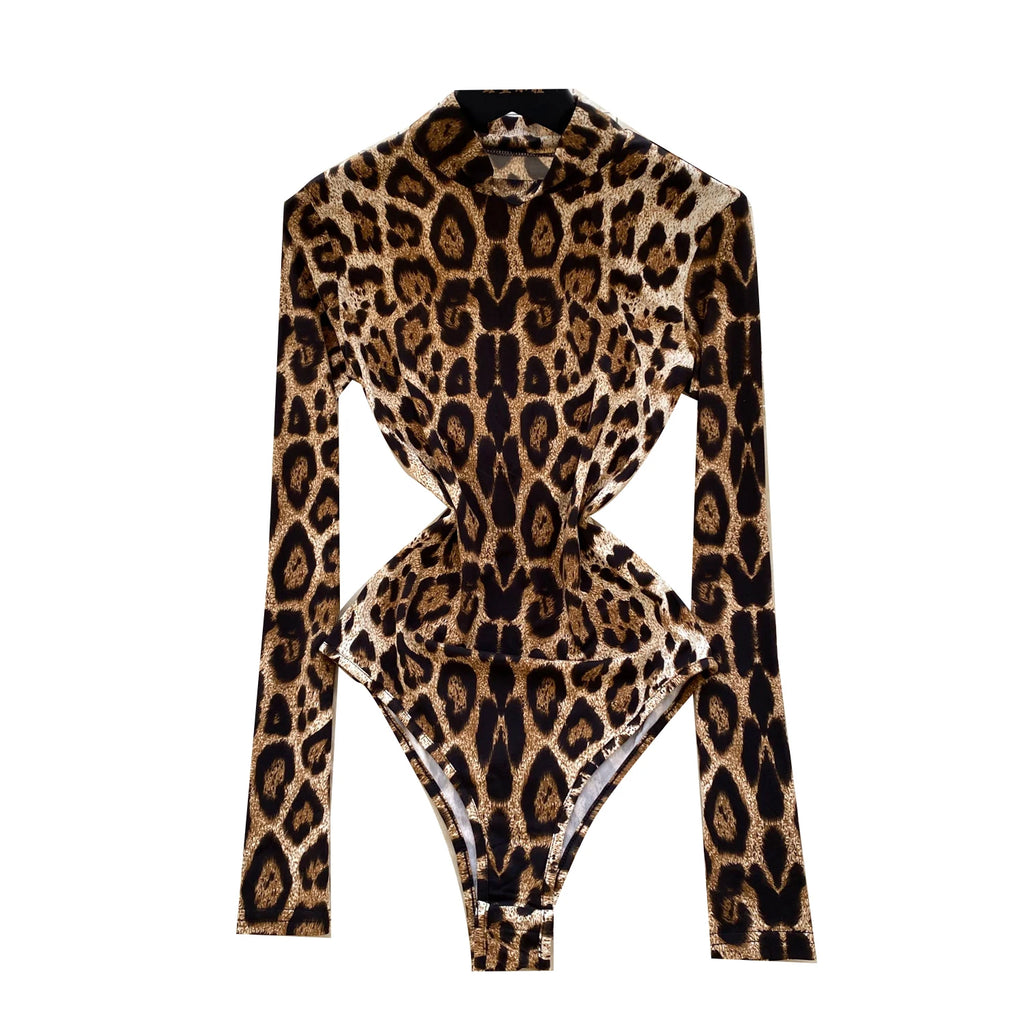Y2K Turtleneck Slim Jumpsuit for Women High Waist Leopard Printed Lace Bodysuit Ladies Sexy Rompers Wholesale
