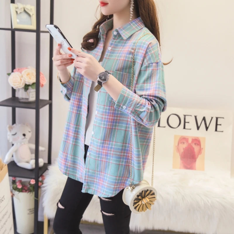 Women's Long Sleeve Checked Blouse