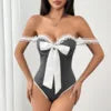Black White Stripes Sleeveless Halter bow Splicing lace Corset bodysuit Womens Camisole Sexy Slim bodysuit