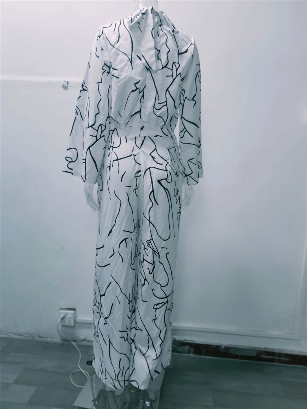 White Jumpsuit Women Long Sleeve Plus Size Wide Leg Long Pants Office Lady Jumpsuits for Women Lugentolo