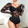 Sexy Outfit Lace Splicing Long Sleeves Perspective Mesh Slim Body Shaping Bodysuit Nightwear Outfit Lace Jumpsuit