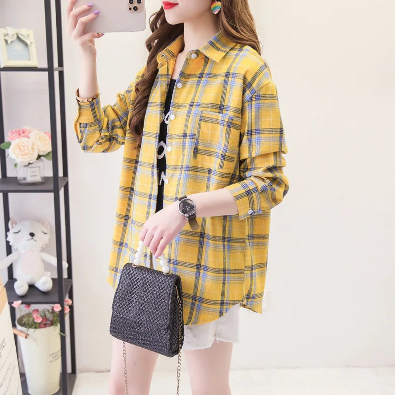 Women's Long Sleeve Checked Blouse