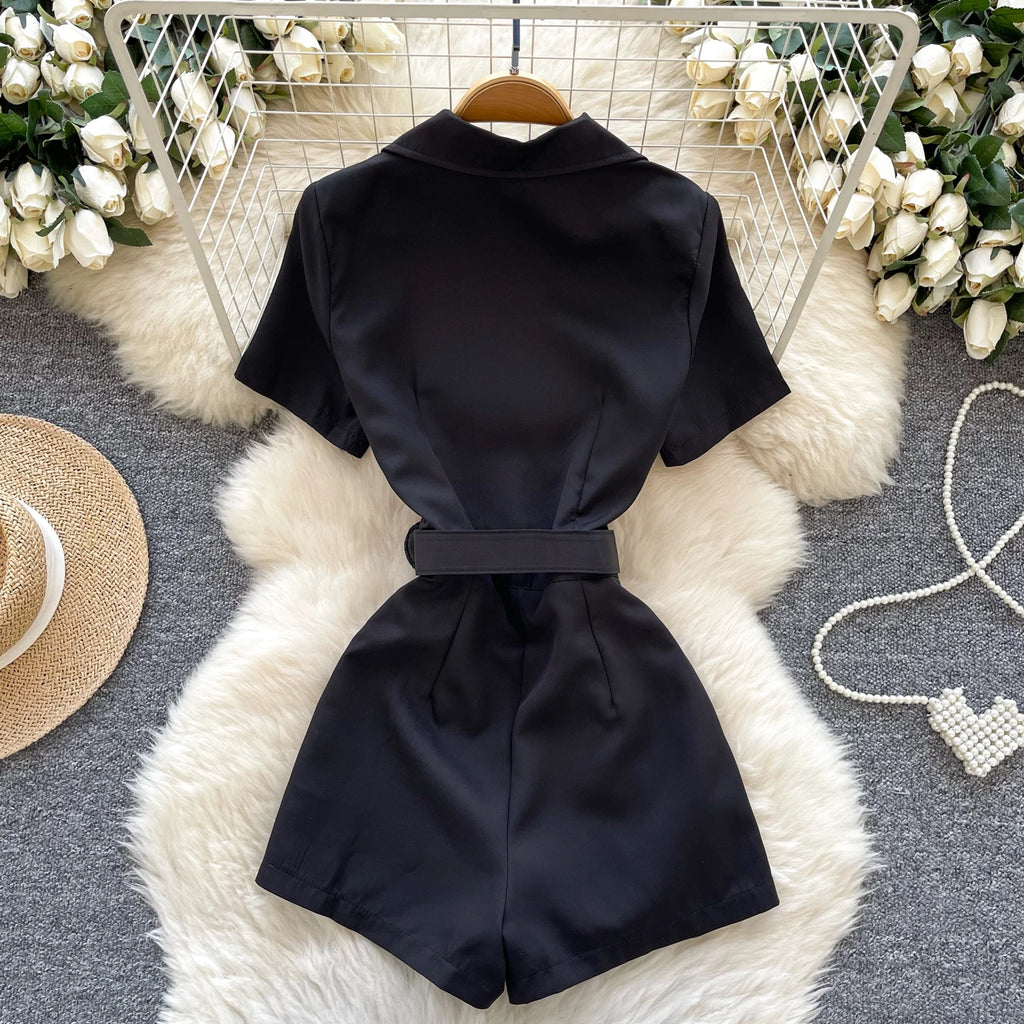 Summer Casual Notched Collar Jumpsuit For Women Short Sleeve High Waist Lace Short Jumpsuit Wholesale