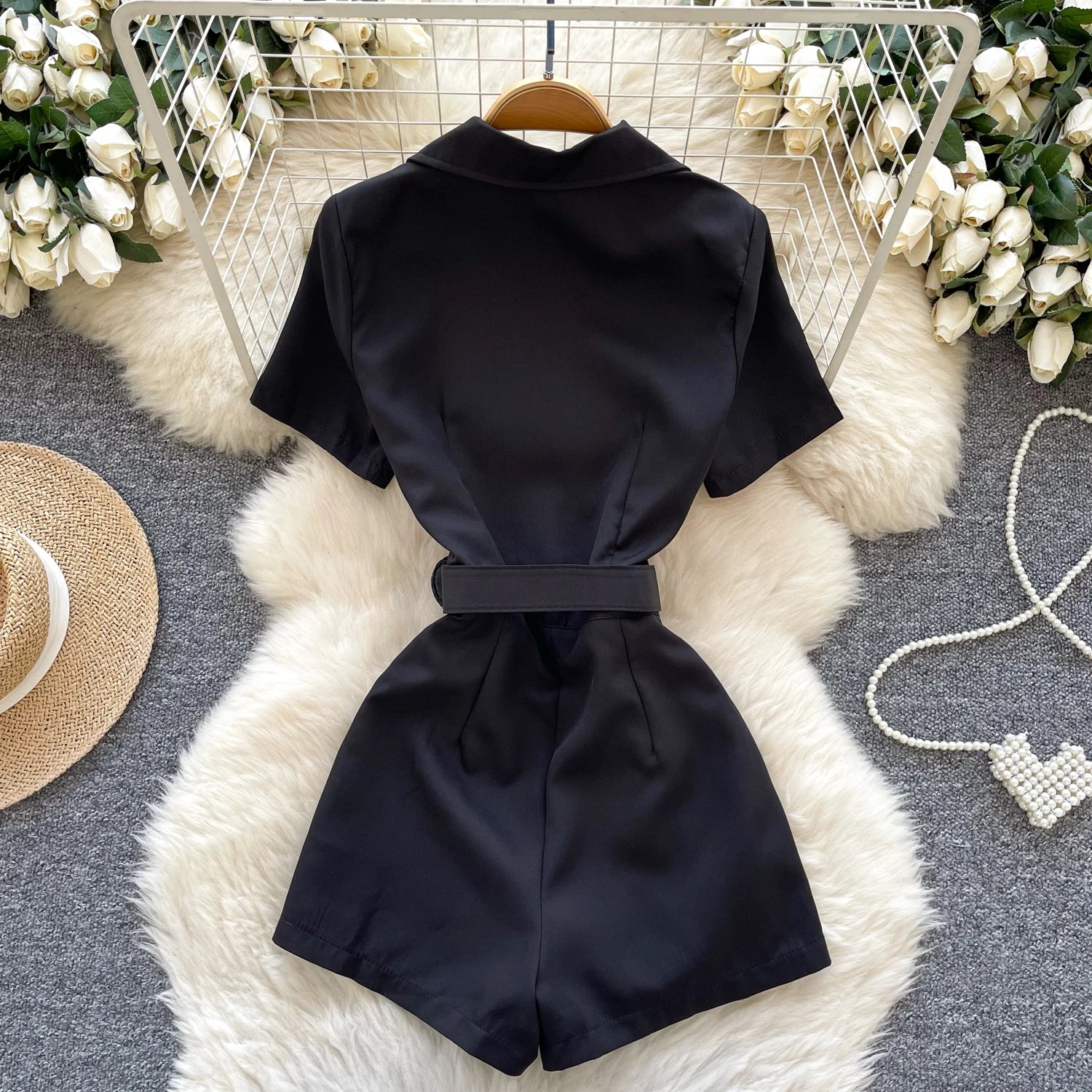 Summer Casual Notched Collar Jumpsuit For Women Short Sleeve High Waist Lace Short Jumpsuit Wholesale