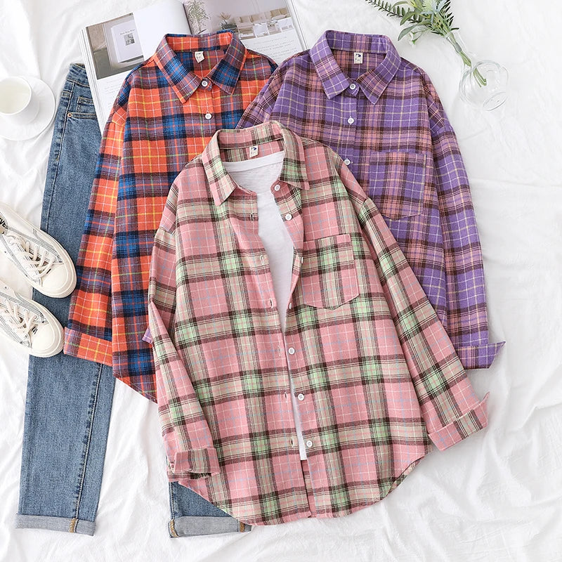 Women's Long Sleeve Checked Blouse