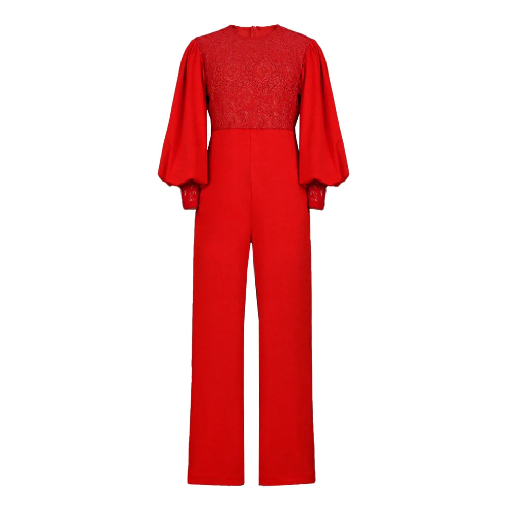 X6047 High Quality Fashion Summer Loose Jumpsuit Puffy Long Sleeve Lace See Through Wide Leg Women Jumpsuits