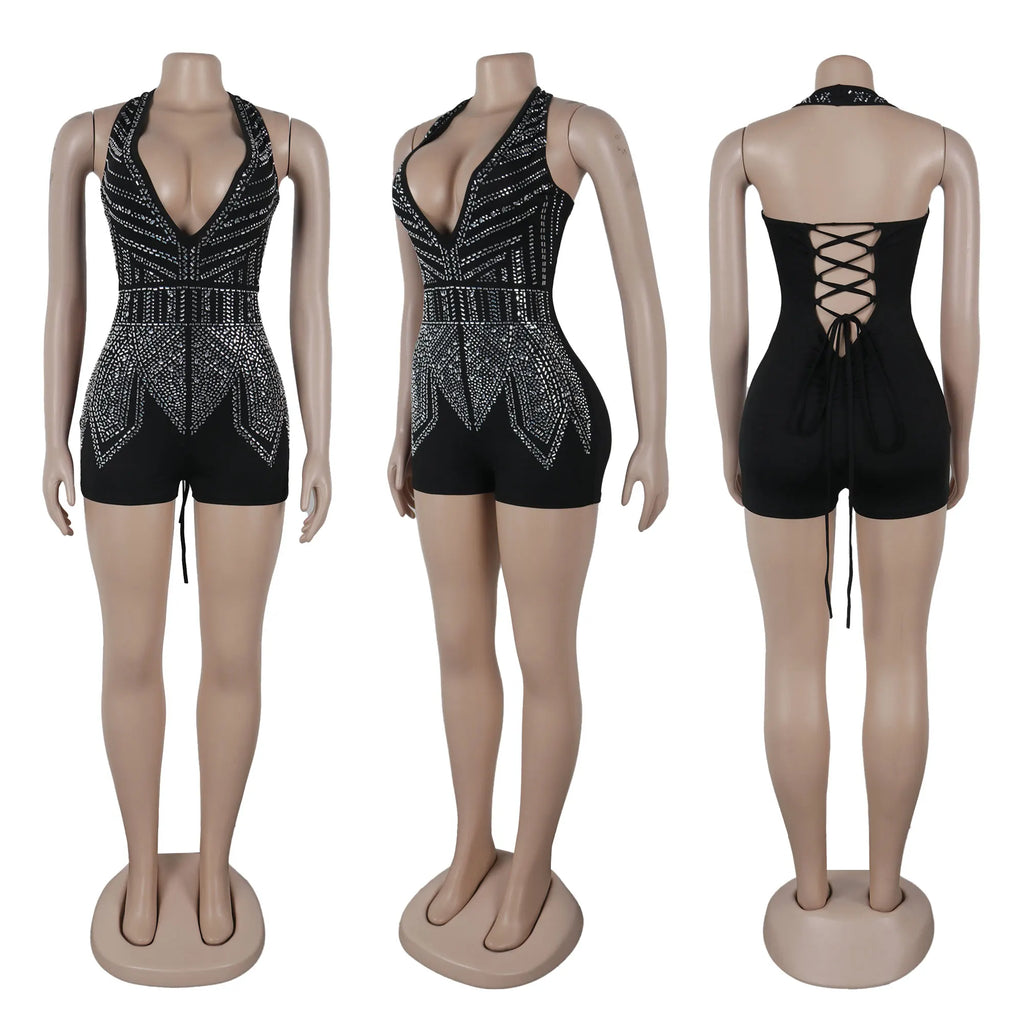 K3235 High Waist Canvas Embellished Halter Lace up Backless Party Rompers
