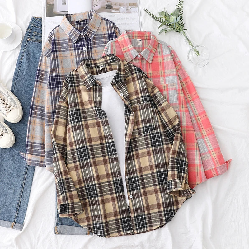 Women's Long Sleeve Checked Blouse