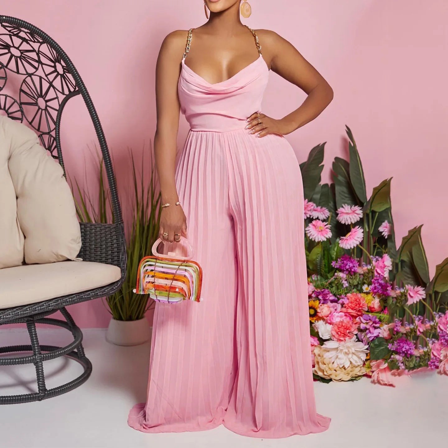Summer Romper Chain Halter High Waist Open Back Backless Custom logo Sexy Club Wear Pleated Wide Leg Women Jumpsuit for Ladies
