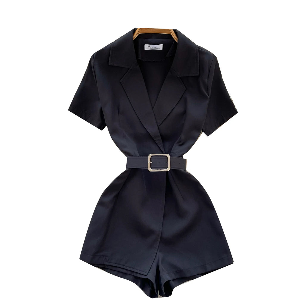 Summer Casual Notched Collar Jumpsuit For Women Short Sleeve High Waist Lace Short Jumpsuit Wholesale