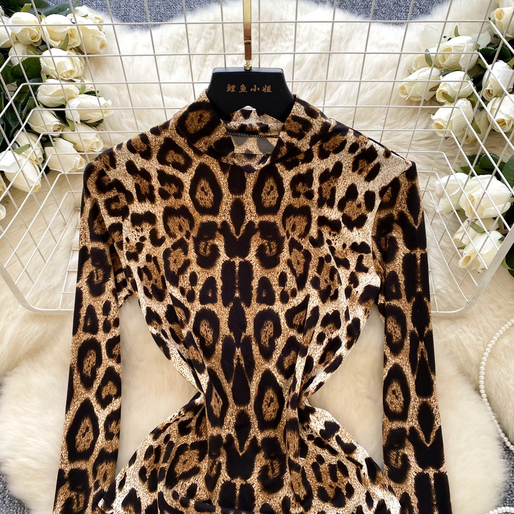 Y2K Turtleneck Slim Jumpsuit for Women High Waist Leopard Printed Lace Bodysuit Ladies Sexy Rompers Wholesale