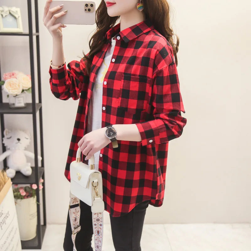 Women's Long Sleeve Checked Blouse