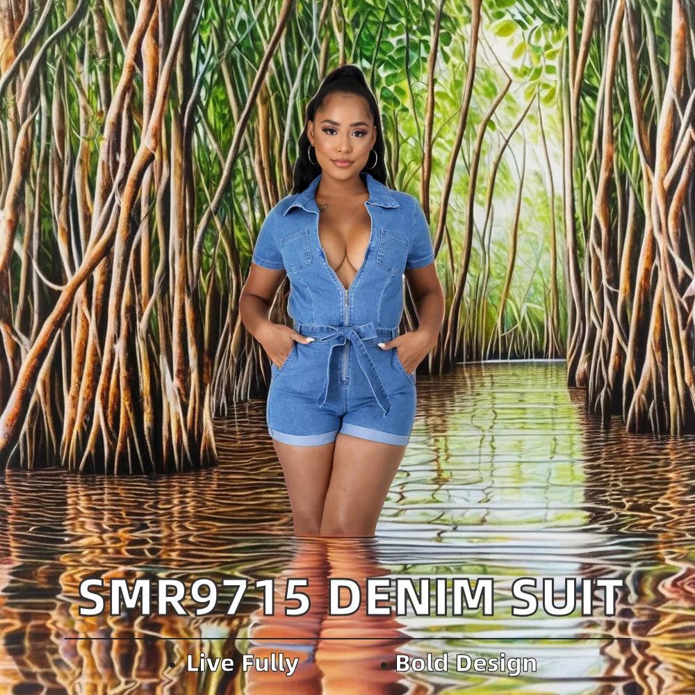 Women's High-Waist Denim Jumpsuit