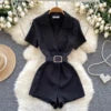 Summer Casual Notched Collar Jumpsuit For Women Short Sleeve High Waist Lace Short Jumpsuit Wholesale