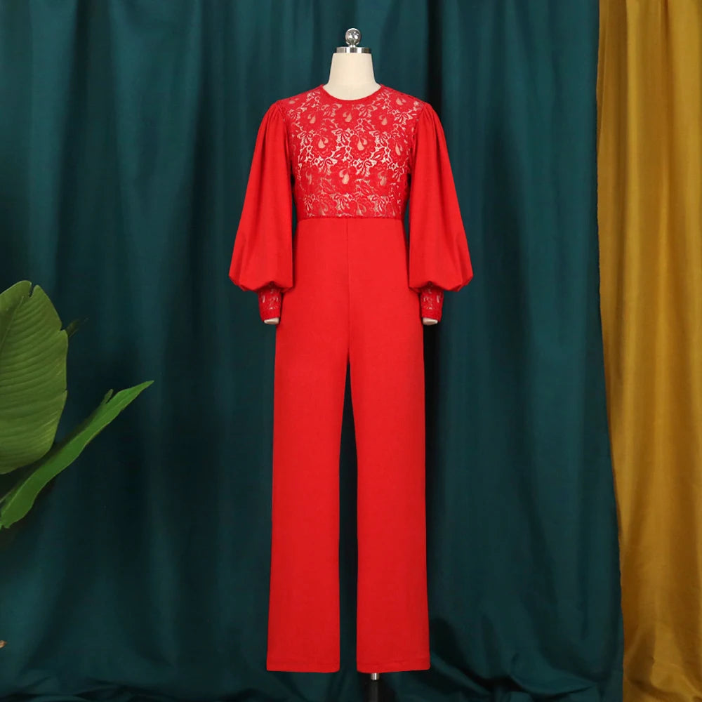 X6047 High Quality Fashion Summer Loose Jumpsuit Puffy Long Sleeve Lace See Through Wide Leg Women Jumpsuits