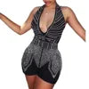 K3235 High Waist Canvas Embellished Halter Lace up Backless Party Rompers