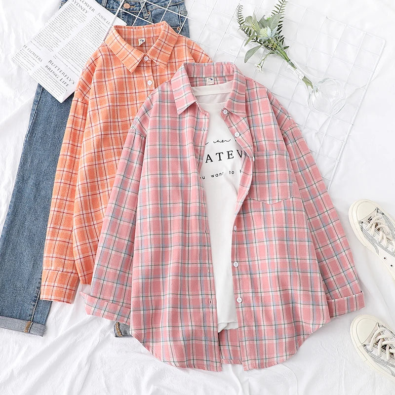 Women's Long Sleeve Checked Blouse