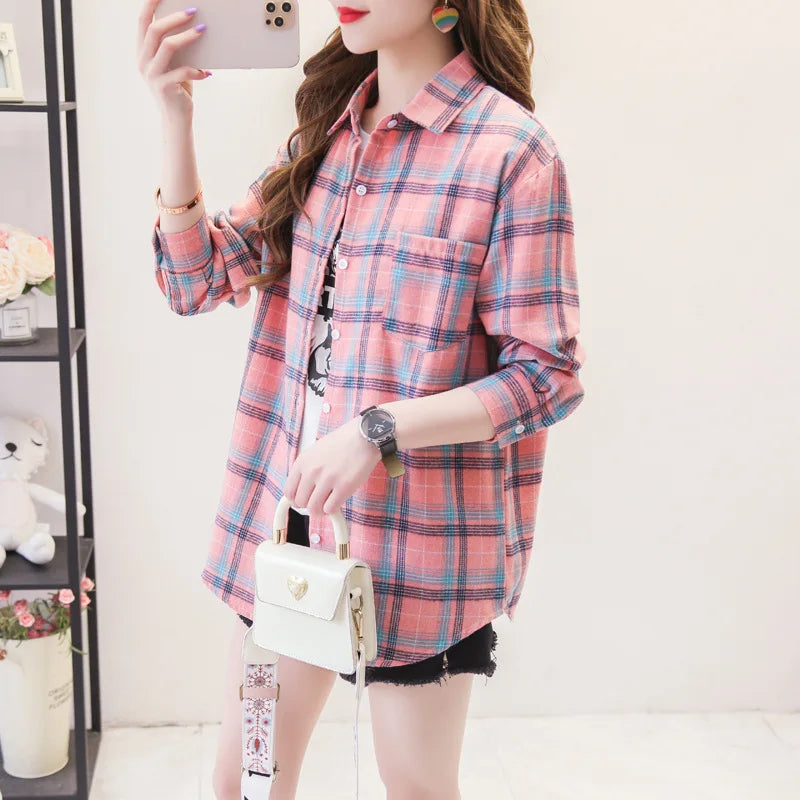 Women's Long Sleeve Checked Blouse