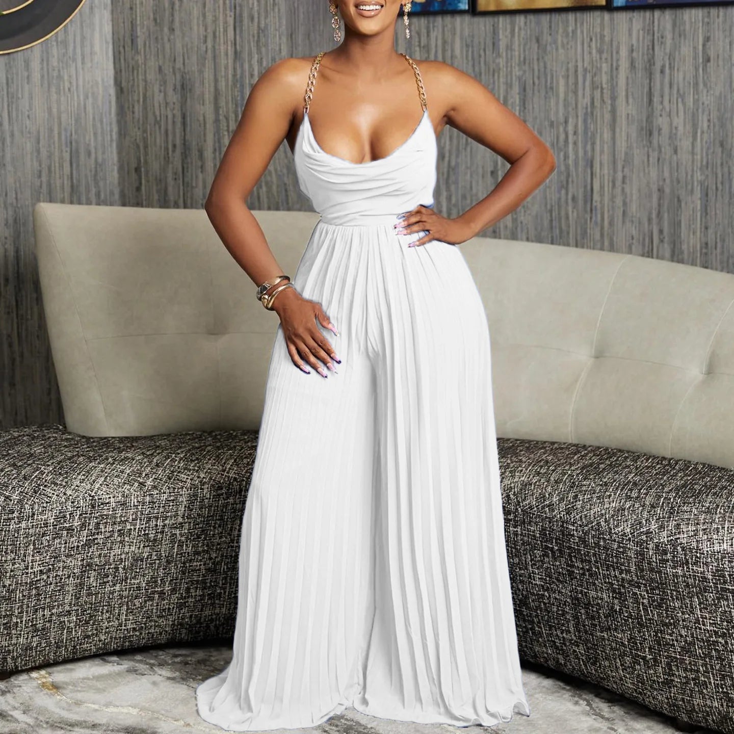 Summer Romper Chain Halter High Waist Open Back Backless Custom logo Sexy Club Wear Pleated Wide Leg Women Jumpsuit for Ladies