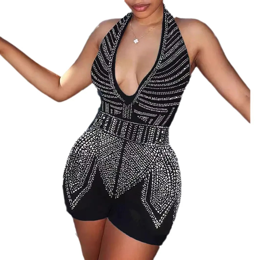 K3235 High Waist Canvas Embellished Halter Lace up Backless Party Rompers