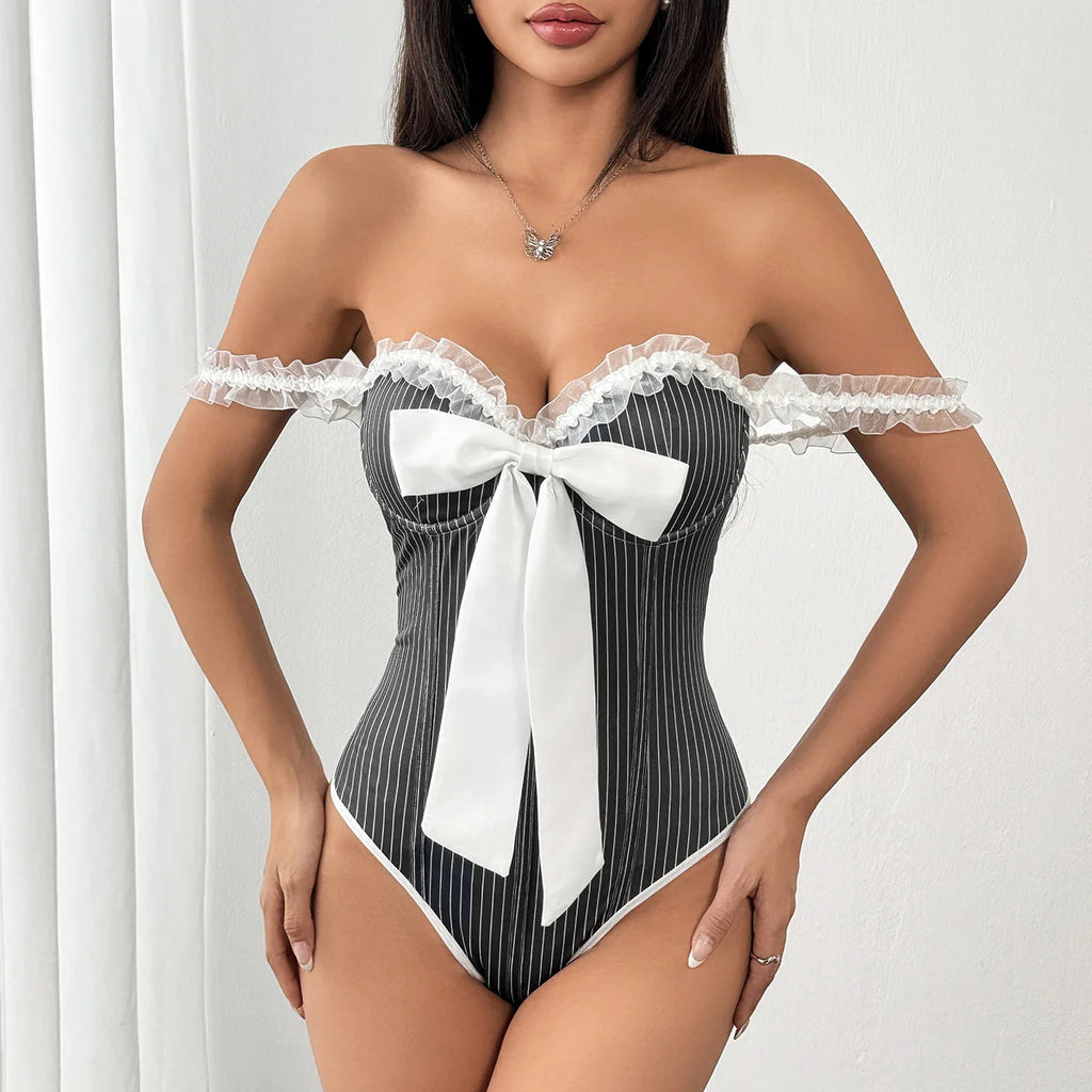 Black White Stripes Sleeveless Halter bow Splicing lace Corset bodysuit Womens Camisole Sexy Slim bodysuit