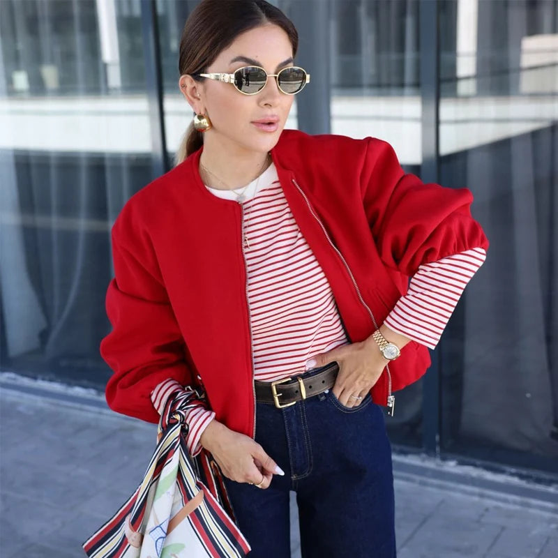 Women's Cropped Bomber Jacket – Zip-Up Long Sleeve Casual Outerwear