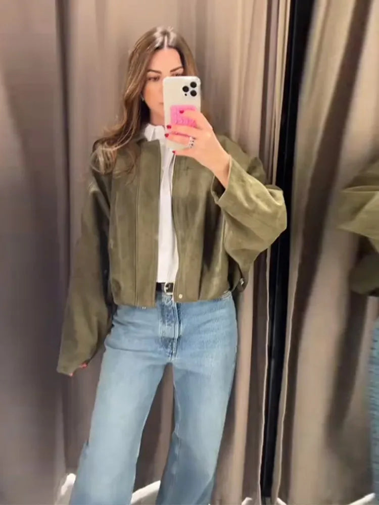 Green Suede Bomber Jacket for Women