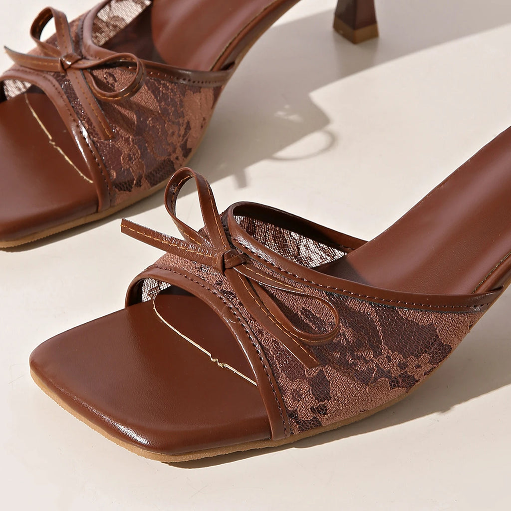 Fancy Lace Flower Mule Sandals Woman Square Toe Kitten Heel Slide Slippers Ladies Black Brown Net Bowknot Design Party Shoes