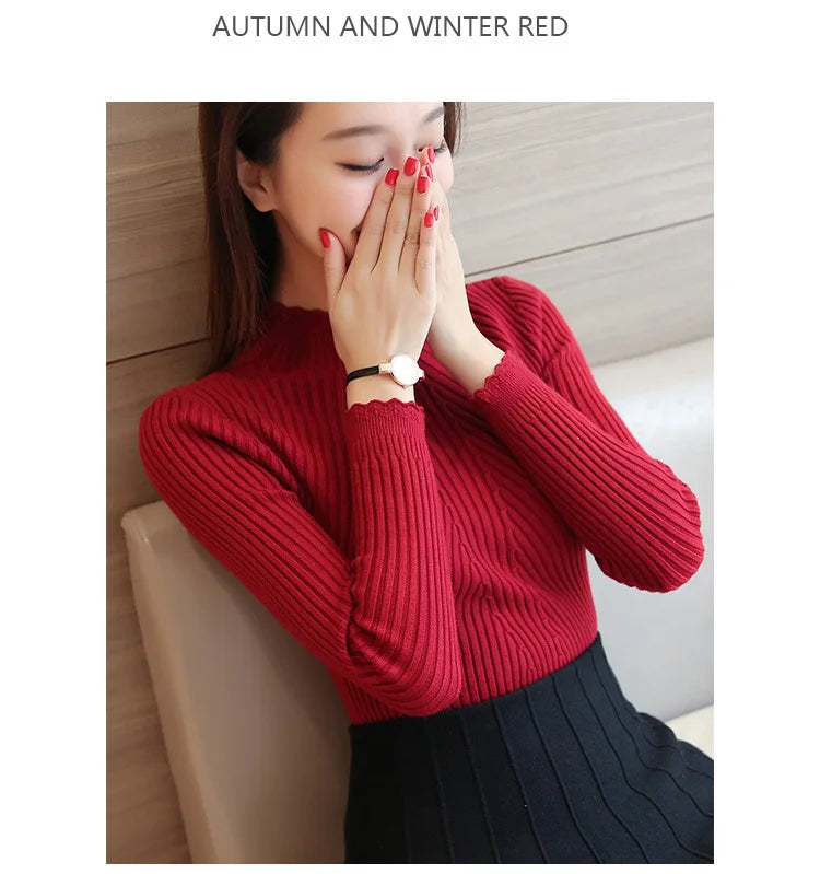 Women's Mock Neck Knit Sweater – Ruffle Detail, Long Sleeve Casual Pullover