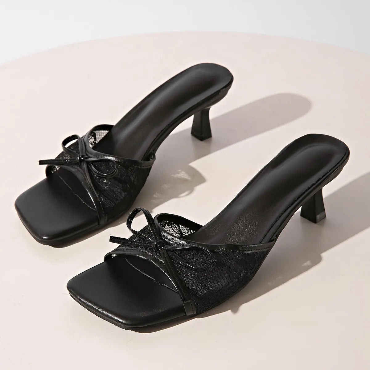 Fancy Lace Flower Mule Sandals Woman Square Toe Kitten Heel Slide Slippers Ladies Black Brown Net Bowknot Design Party Shoes