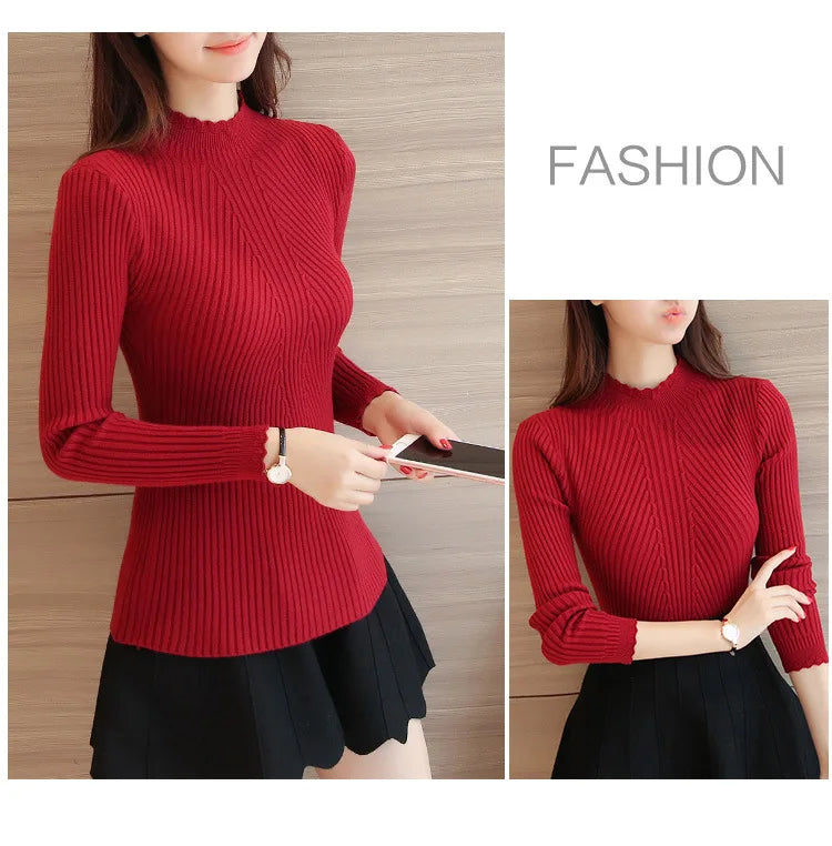 Women's Mock Neck Knit Sweater – Ruffle Detail, Long Sleeve Casual Pullover