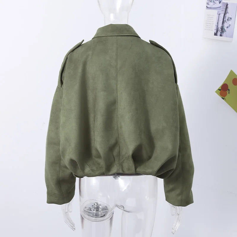 Green Suede Bomber Jacket for Women