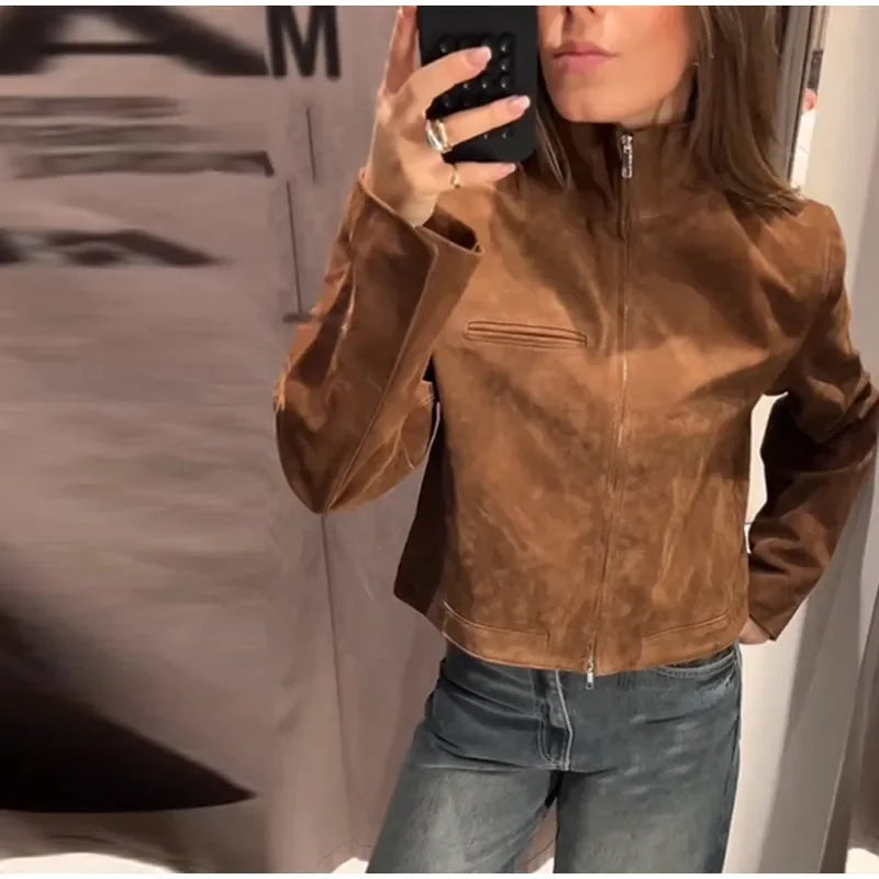 Green Suede Bomber Jacket for Women
