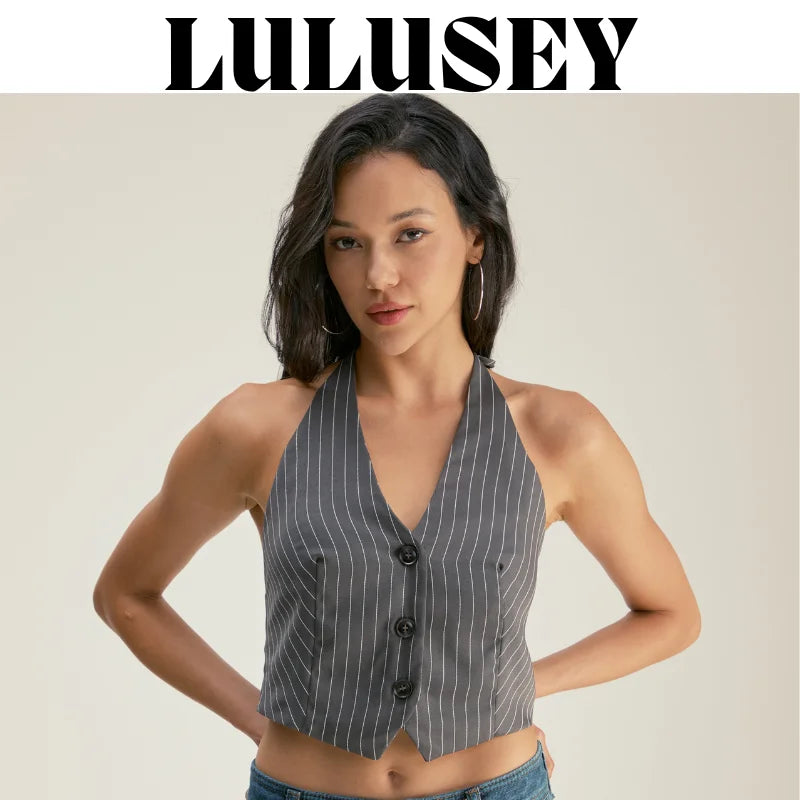 Women's Striped Suit Vest with Bow Back