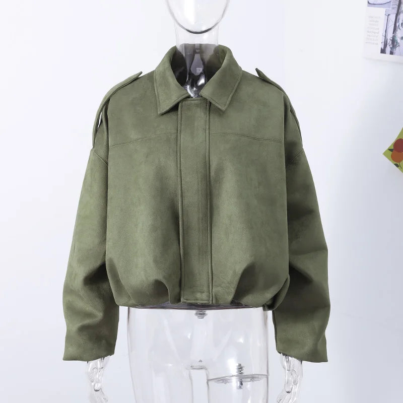 Green Suede Bomber Jacket for Women