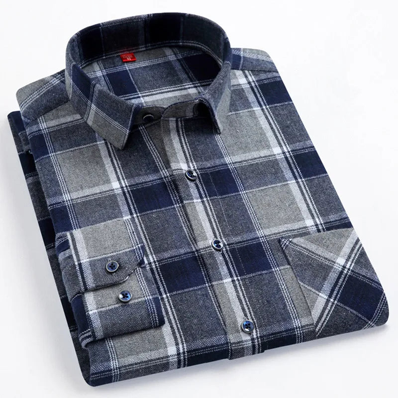 Men's Cotton Plaid Shirt – Long Sleeve, Casual Fit, Available in Plus Sizes