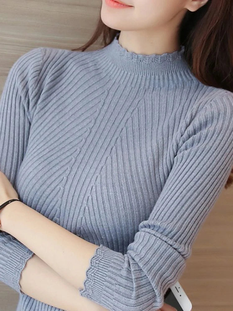 Women's Mock Neck Knit Sweater – Ruffle Detail, Long Sleeve Casual Pullover