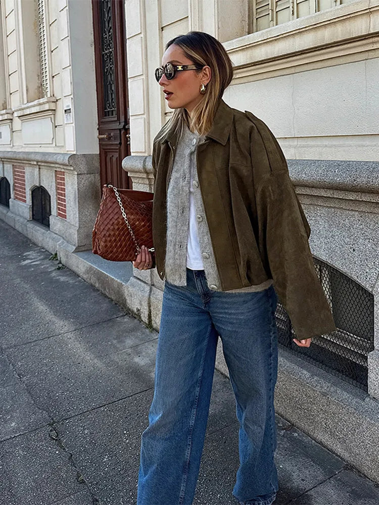Green Suede Bomber Jacket for Women