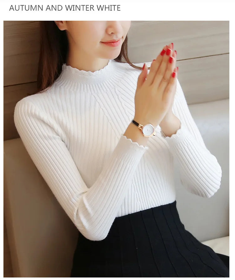 Women's Mock Neck Knit Sweater – Ruffle Detail, Long Sleeve Casual Pullover
